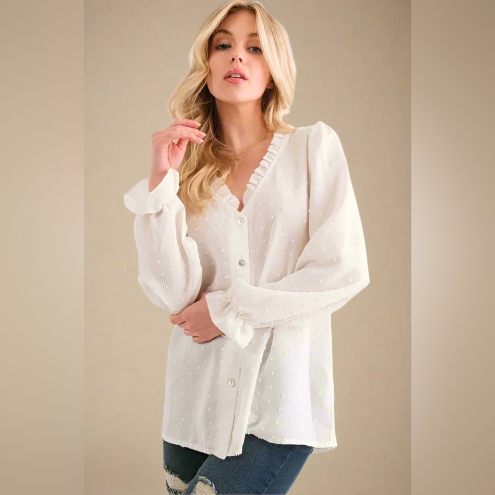 Swiss Dot Ruffle Trim Button Blouse – Off White